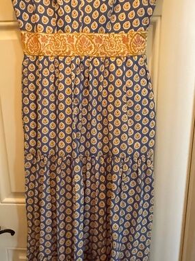 J. Crew Blue Printed Maxi Skirt with Yellow Embroidered Waistband